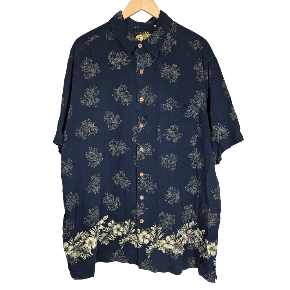 Caribbean‎ Mens 2XT Silk Cotton Hawaiian Shirt Navy Blue Floral Palm Leaf Button